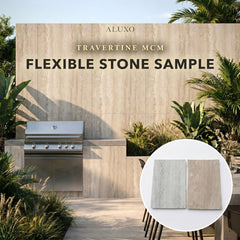 Sample – Travertine MCM Flexible Stone Outdoor Wall Panel | Beige & Light Grey
