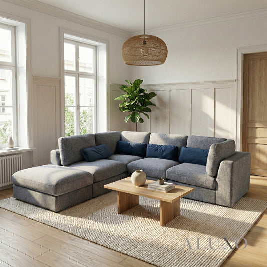 Madison 4+1 Seater Modular Sofa – Blue Chenille | Includes Storage Footstool