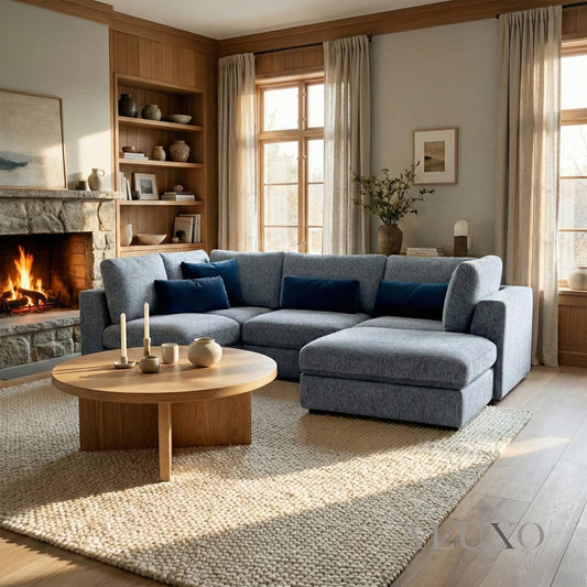 Madison 4+1 Seater Modular Sofa – Blue Chenille | Includes Storage Footstool