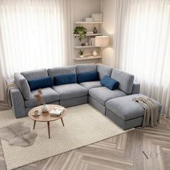 Madison 4+1 Seater Modular Sofa in Blue Chenille with Storage Stool