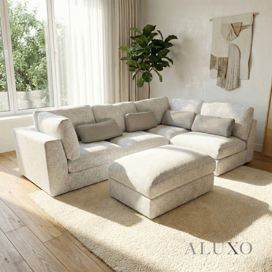 Madison 4+1 Seater Modular Sofa – Light Grey Chenille | Includes Storage Footstool