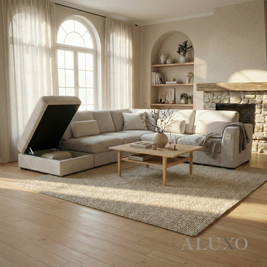 Madison 4+1 Seater Modular Sofa – Light Grey Chenille | Includes Storage Footstool