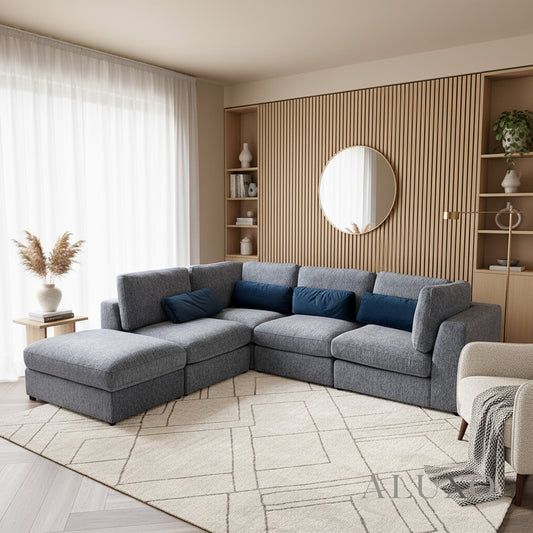 Madison 4+1 Seater Modular Sofa in Blue Chenille with Storage Stool