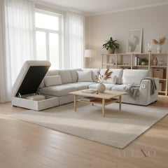 Madison 4+1 Seater Modular Sofa in Light Grey Chenille with Storage Stool