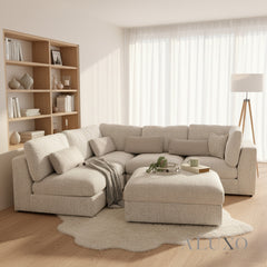 Madison 4+1 Seater Modular Sofa in Light Grey Chenille with Storage Stool
