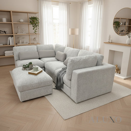 Madison 4+1 Seater Modular Sofa in Light Grey Chenille with Storage Stool