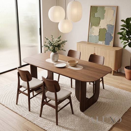 ALUXO® Madrid 2.0m Walnut Dining Set – Open Ebony Base Table with 4/6 Kingswood Oatmeal Bouclé Chairs