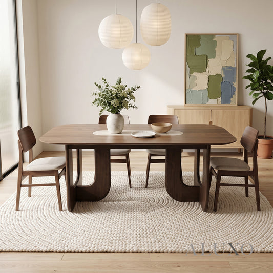 ALUXO® Madrid 2.0m Walnut Dining Set – Open Ebony Base Table with 4/6 Kingswood Oatmeal Bouclé Chairs
