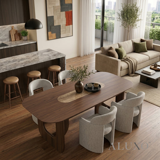 ALUXO® Madrid 2.0m Walnut Dining Set – Open Ebony Base Table with 4/6 Madrid Cream Bouclé Chairs