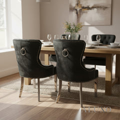 ALUXO® Megan Velvet Dining Chair | Chrome Ring Knocker, Studded Detailing, Plain Back Design