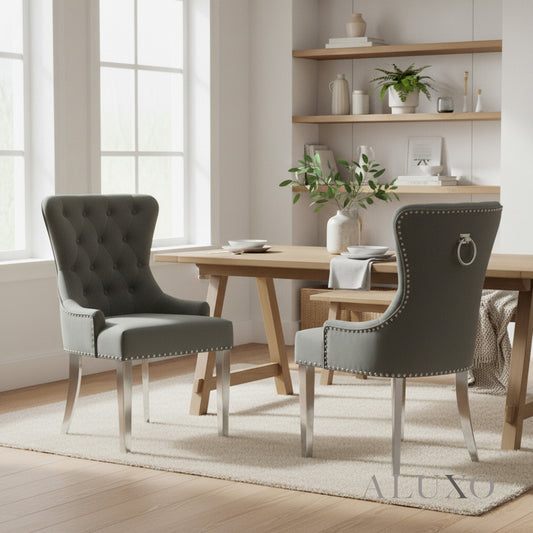 ALUXO® Megan Dark Grey Velvet Dining Chair | Chrome Ring Knocker, Studded Detailing, Plain Back Design