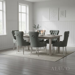 ALUXO® Megan Dark Grey Velvet Dining Chair | Chrome Ring Knocker, Studded Detailing, Plain Back Design