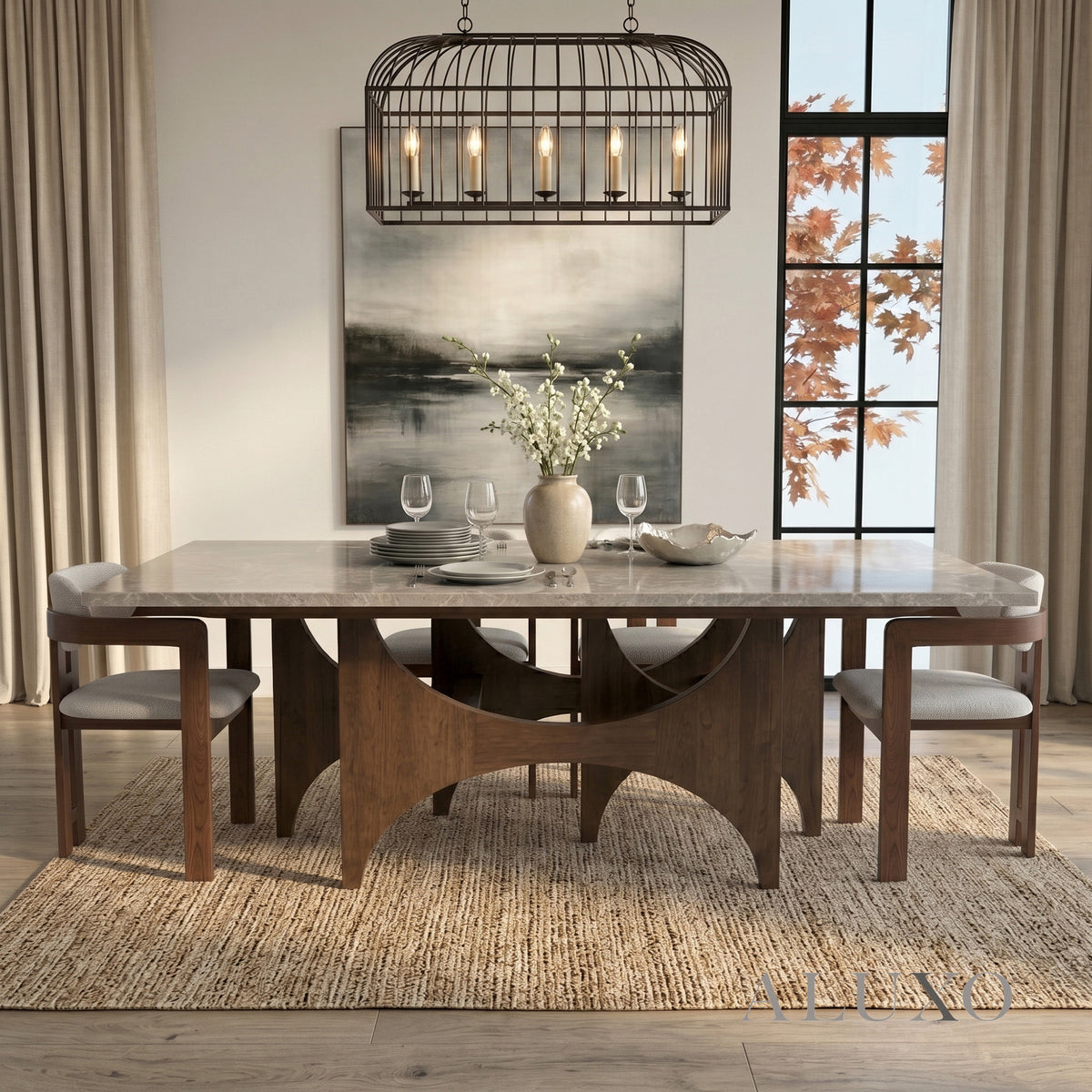 ALUXO® Mercado 2.2m Walnut & Beige Marble Dining Set – Sculptural Base Table with 6/8 Clara Oatmeal Bouclé Chairs