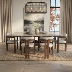 ALUXO® Mercado 2.2m Walnut & Beige Marble Dining Set – Sculptural Base Table with 6/8 Clara Oatmeal Bouclé Chairs