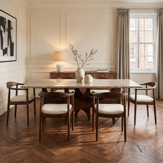 ALUXO® Mercado 2.2m Walnut & Beige Marble Dining Set – Sculptural Base Table with 6/8 Fern Oatmeal Bouclé Chairs