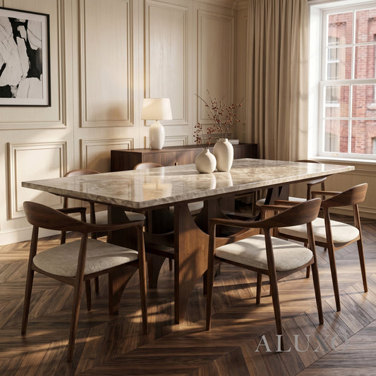 ALUXO® Mercado 2.2m Walnut & Beige Marble Dining Set – Sculptural Base Table with 6/8 Fern Oatmeal Bouclé Chairs