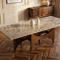 ALUXO® Mercado 220cm Walnut & Beige Marble Dining Table - Sculptural Base