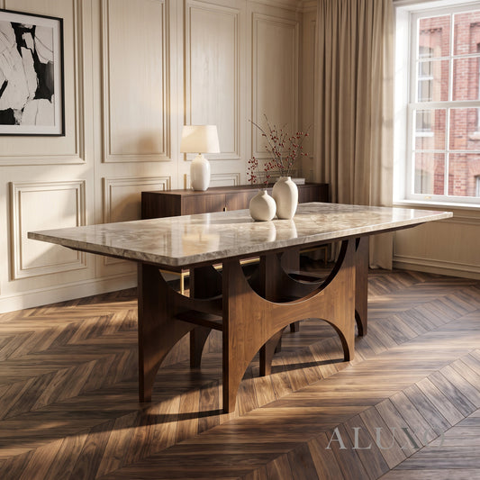 ALUXO® Mercado 220cm Walnut & Beige Marble Dining Table - Sculptural Base