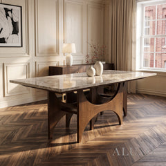 ALUXO® Mercado 220cm Walnut & Beige Marble Dining Table - Sculptural Base