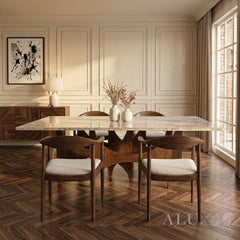 ALUXO® Mercado 220cm Walnut & Beige Marble Dining Table - Sculptural Base