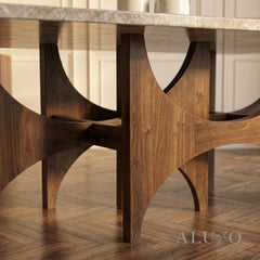 ALUXO® Mercado 220cm Walnut & Beige Marble Dining Table - Sculptural Base