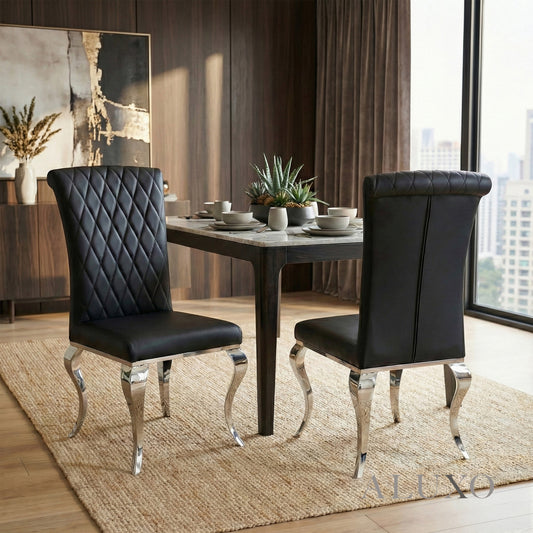 Niklas Black Faux Leather Dining Chair | Cross Stitch Back, High Scroll Top, Chrome Curved Legs
