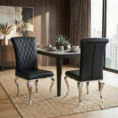 Niklas Black Faux Leather Dining Chair | Cross Stitch Back, High Scroll Top, Chrome Curved Legs