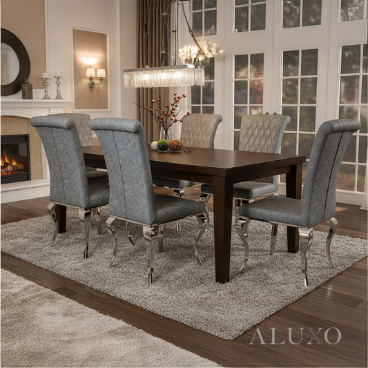 Niklas Grey Faux Leather Dining Chair | Cross Stitch Back, High Scroll Top, Chrome Curved Legs