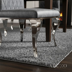 Niklas Grey Faux Leather Dining Chair | Cross Stitch Back, High Scroll Top, Chrome Curved Legs
