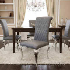 Niklas Grey Faux Leather Dining Chair | Cross Stitch Back, High Scroll Top, Chrome Curved Legs