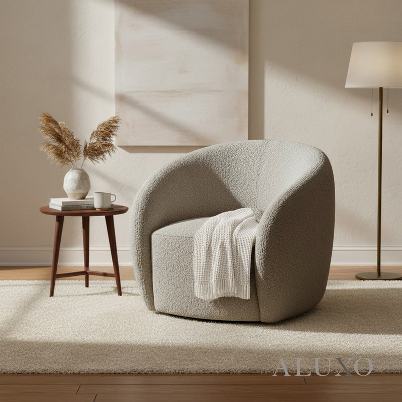 ALUXO® Nolita Swivel Chair – Koala Grey-Brown Teddy Bouclé | 360° Organic Design