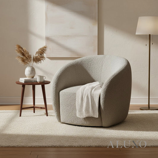 ALUXO® Nolita Swivel Chair – Koala Grey-Brown Teddy Bouclé | 360° Organic Design