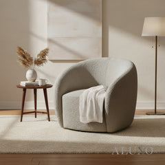 ALUXO® Nolita Swivel Chair – Koala Grey-Brown Teddy Bouclé | 360° Organic Design