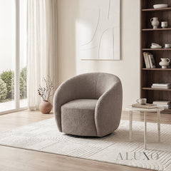 ALUXO® Nolita Swivel Chair – Koala Grey-Brown Teddy Bouclé | 360° Organic Design