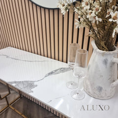 Nori Gold Console Table – 120x40cm Slim Polar White Sintered Stone Top, Art Deco Design