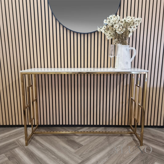 Nori Gold Console Table – 120x40cm Slim Polar White Sintered Stone Top, Art Deco Design