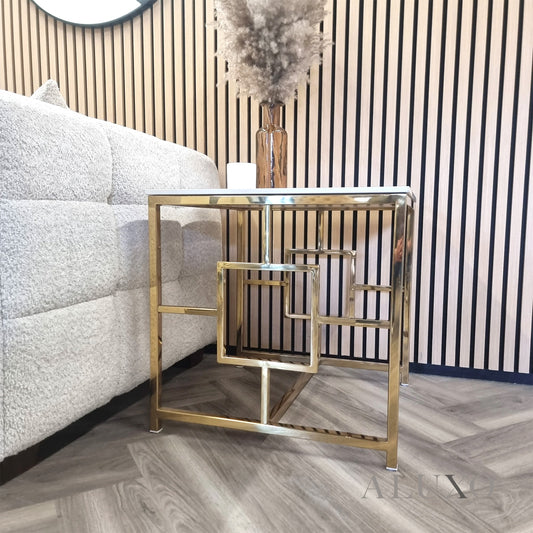 Nori Gold Lamp End Side Table – 55x55cm Polar White Sintered Stone Top, Art Deco Style
