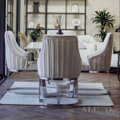 Olivia Beige Velvet Dining Chair | Fluted Back with Chrome Stainless Steel Frame