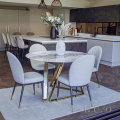 Olle Beige Leather Dining Chair | Art Deco Inspired with Gold Capped Legs