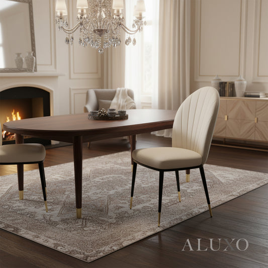 Olle Beige Leather Dining Chair | Art Deco Inspired with Gold Capped Legs