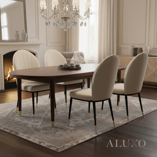 Olle Beige Leather Dining Chair | Art Deco Inspired with Gold Capped Legs