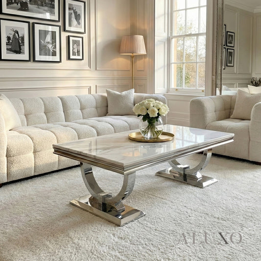 Orvar 130cm Chrome Coffee Table with White Marble Top – Double Half Ring Stand Design