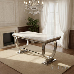 Orvar 150cm Marble Dining Table with Double Ring Chrome Base – White, Grey, Cream