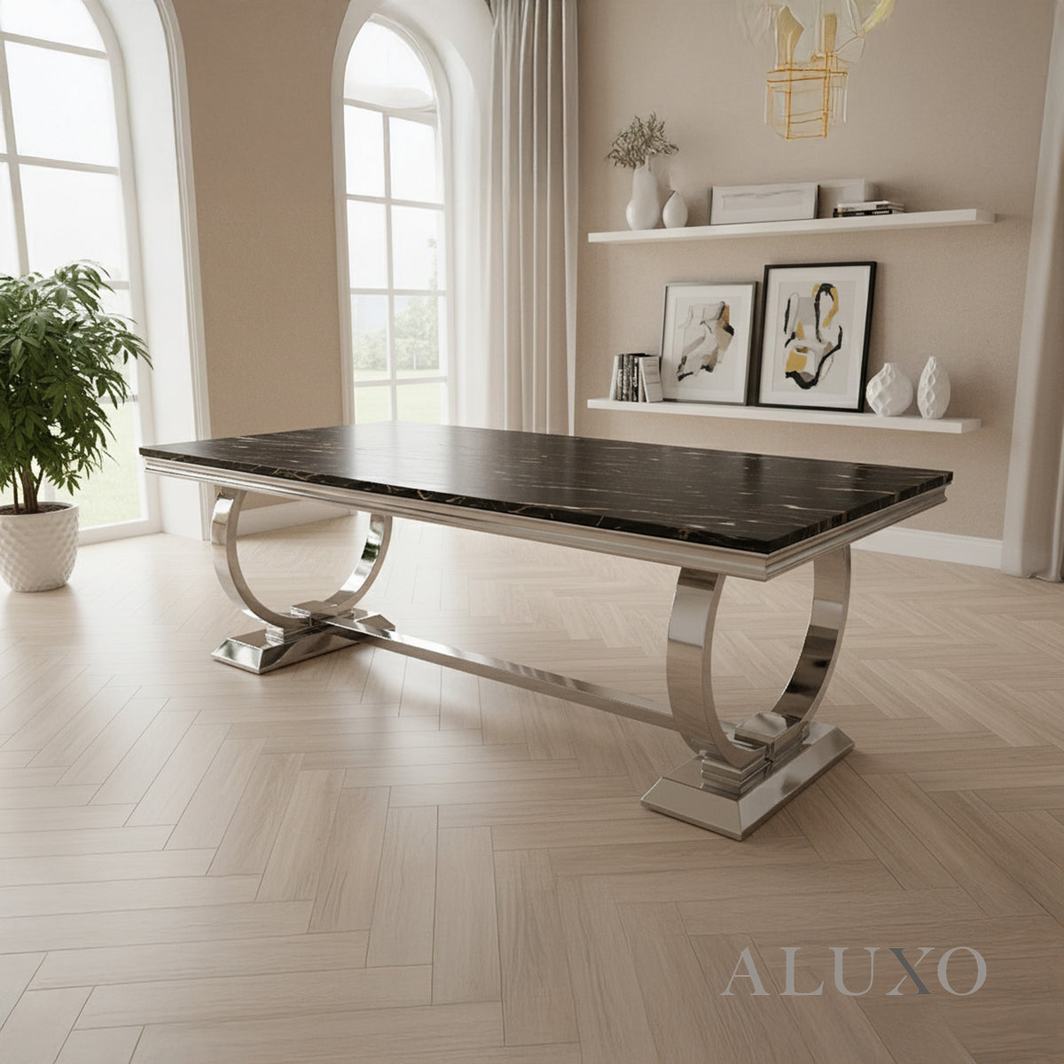 Orvar 180cm Marble Dining Table with Double Ring Chrome Base – White | Light Grey | Cream | Black&Gold
