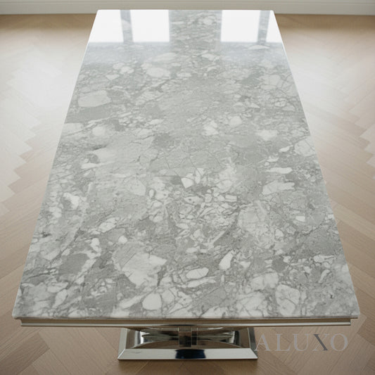 Orvar 150cm Marble Dining Table with Double Ring Chrome Base – White, Grey, Cream