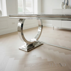 Orvar 150cm Marble Dining Table with Double Ring Chrome Base – White, Grey, Cream