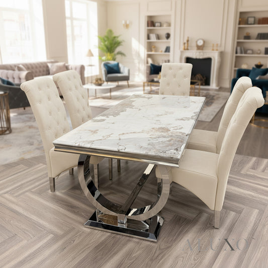 Orvar 1.8m Cream Marble Dining Table with Chrome Double O Base & 4/6 Cream Velvet Lion Knocker Chairs
