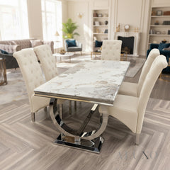 Orvar 1.8m Cream Marble Dining Table with Chrome Double O Base & 4/6 Cream Velvet Lion Knocker Chairs