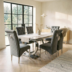 Orvar 1.8m Cream Marble Dining Table with Chrome O-Ring Base & 4/6/8/10 Einar Grey Velvet Chairs