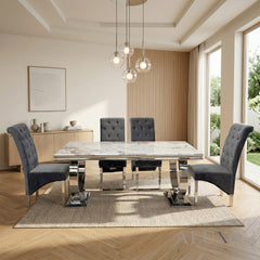 Orvar 1.8m Cream Marble Dining Table with Chrome O-Ring Base & 4/6/8/10 Einar Grey Velvet Chairs